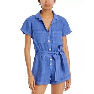 Bella Dahl Linen Utility Romper XS Cobalt Blue Button Front Belted NWT